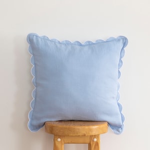 Baby blue Linen Scalloped Edge Pillow Cover with White Detailing - 16x16'' size