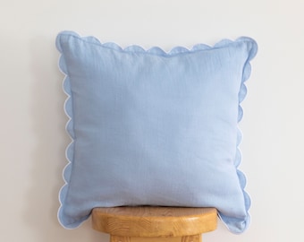 Baby blue Linen Scalloped Edge Pillow Cover with White Detailing - 16x16&#39;&#39; size