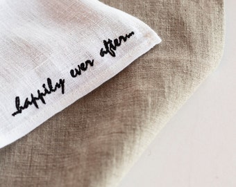 Embroider linen napkins White linen cloth napkins bulk Wedding table decor Happily ever after Linen dinner napkins