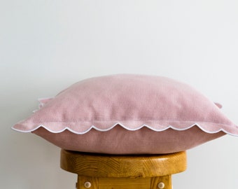 Blush Pink Linen Scalloped Edge Pillow Cover with White Detailing - 16x16'' size