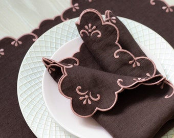 Chocolate brown linen napkins with woodrose pink trim for table decor 16x16'' size set of 2, 4 or 6