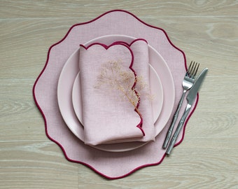 Rose linen table mats with colored edges for Valentine table decor  Pastel pink table mats