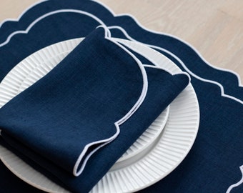 Dark blue linen cloth scallop napkins with white trim for table decor 18''x18'' size set of 4, 6 or 8 Easter decor Navy napkins