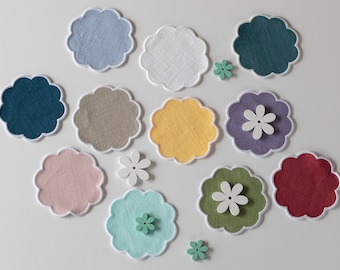 Juego de 4 posavasos de lino con borde festoneado, decoración colorida para mesa de centro, alternativa a las servilletas de cóctel, detalle para bodas, regalo para anfitrionas.