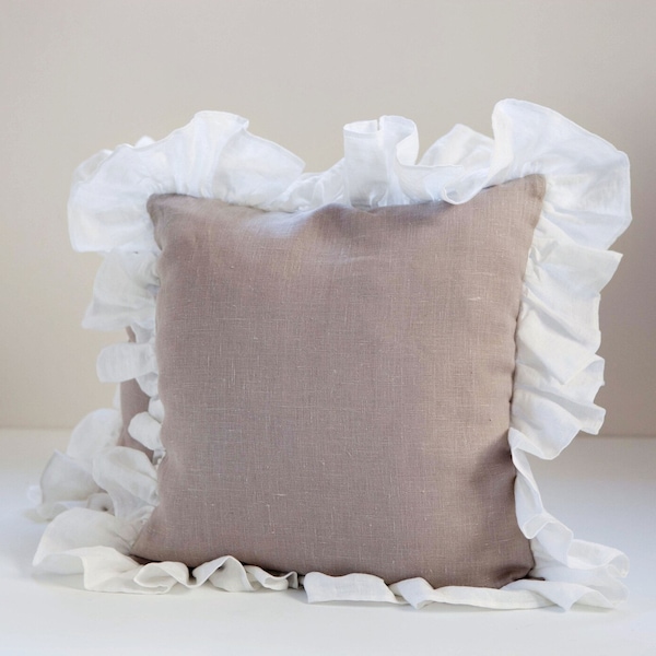 Natural linen pillow cover with off white ruffles for home decor, 16x16'' or 18''x18'' size, many colors available