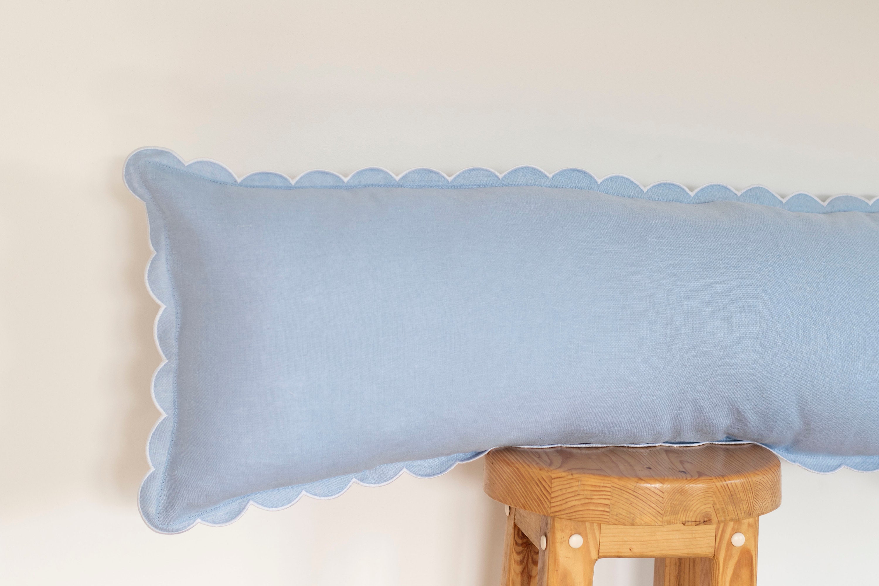 Baby Blue Long Lumbar Linen Scalloped Edge Pillow Cover 12x28'' or 12x36''  Size 
