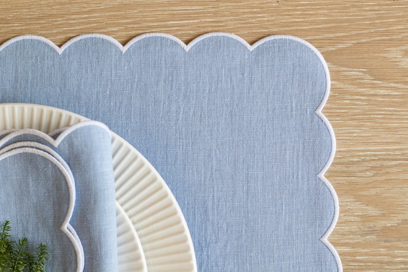 Baby Blue Linen Table Mats With Scallop Edges in White for Etsy