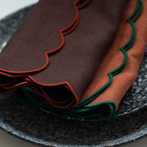 Chocolate brown linen cloth scallop napkins with orange trim for table decor 18''x18'' size set of 4, 6 or 8