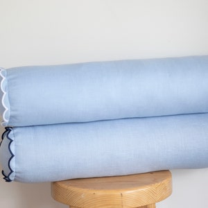 Handmade Linen Bolster Pillow Cover, Baby Blue Scalloped Edges (12x45cm)