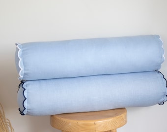 Handmade Linen Bolster Pillow Cover, Baby Blue Scalloped Edges (12x45cm)