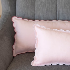 Baby Pink or Blush Pink Linen Scalloped Edge Lumbar Pillow Cover with White or Dark Pink Detailing - 12x36'' size