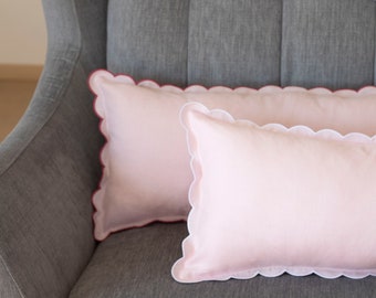 Baby Pink or Blush Pink Linen Scalloped Edge Lumbar Pillow Cover with White or Dark Pink Detailing - 12x36'' size