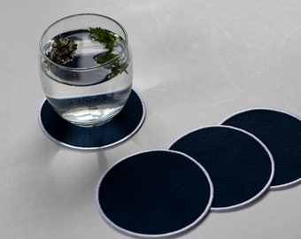 Navy Linen Coasters with White Edge - Set of 4