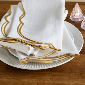 White linen cloth scallop napkins with gold trim for table decor 18''x18'' size set of 4, 6 or 8 Easter decor