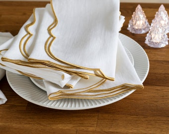 White linen cloth scallop napkins with gold trim for table decor 18''x18'' size set of 4, 6 or 8 Easter decor