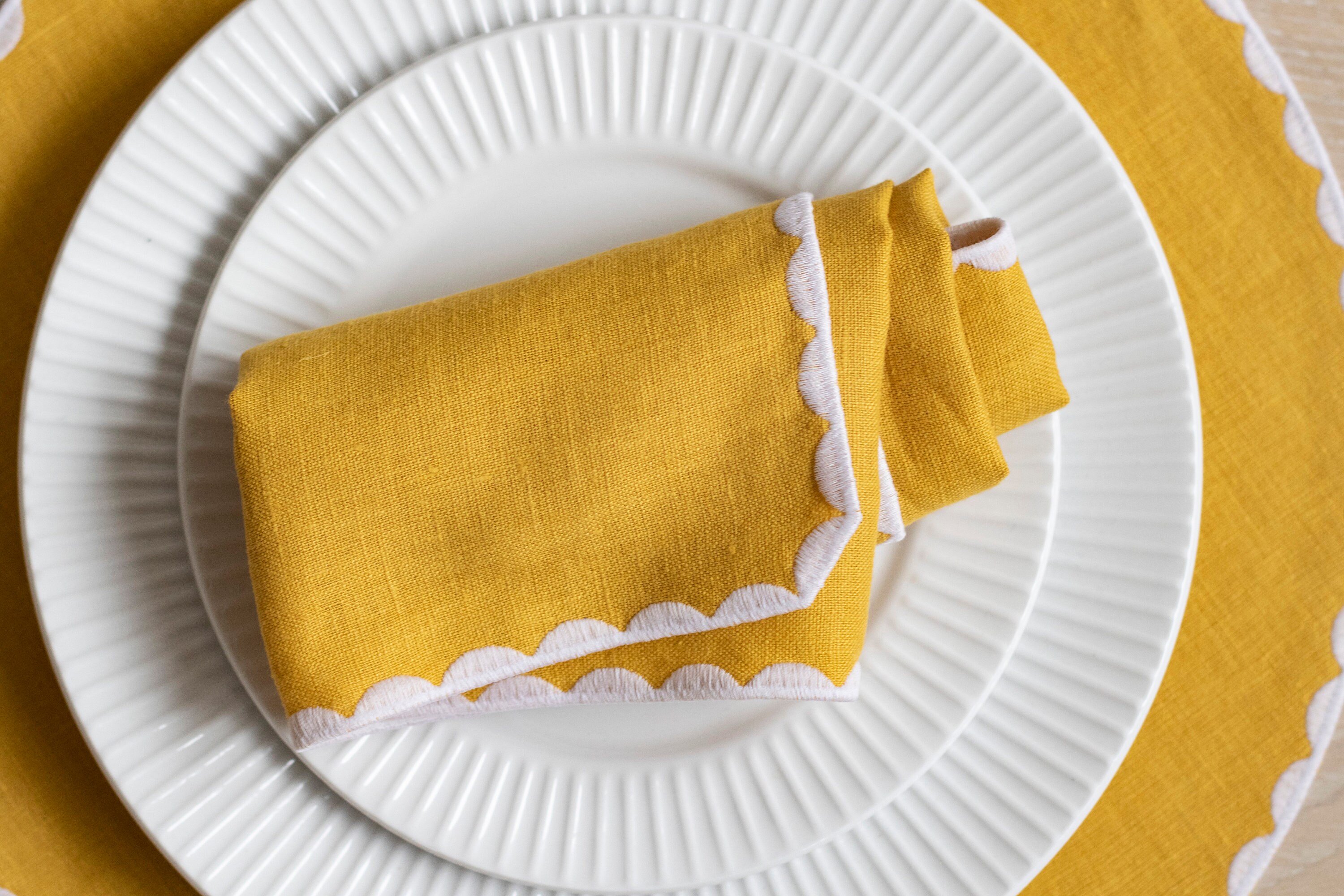 Pastel Yellow Linen Cloth Scallop Napkins Set for Table Decor Set of 2, 4  or 6 