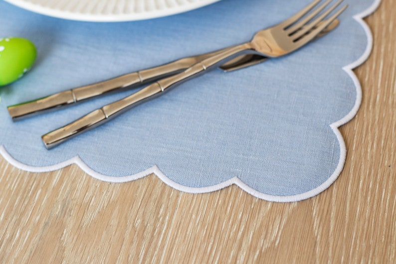 Baby Blue Linen Table Mats With Scallop Edges in White for Etsy