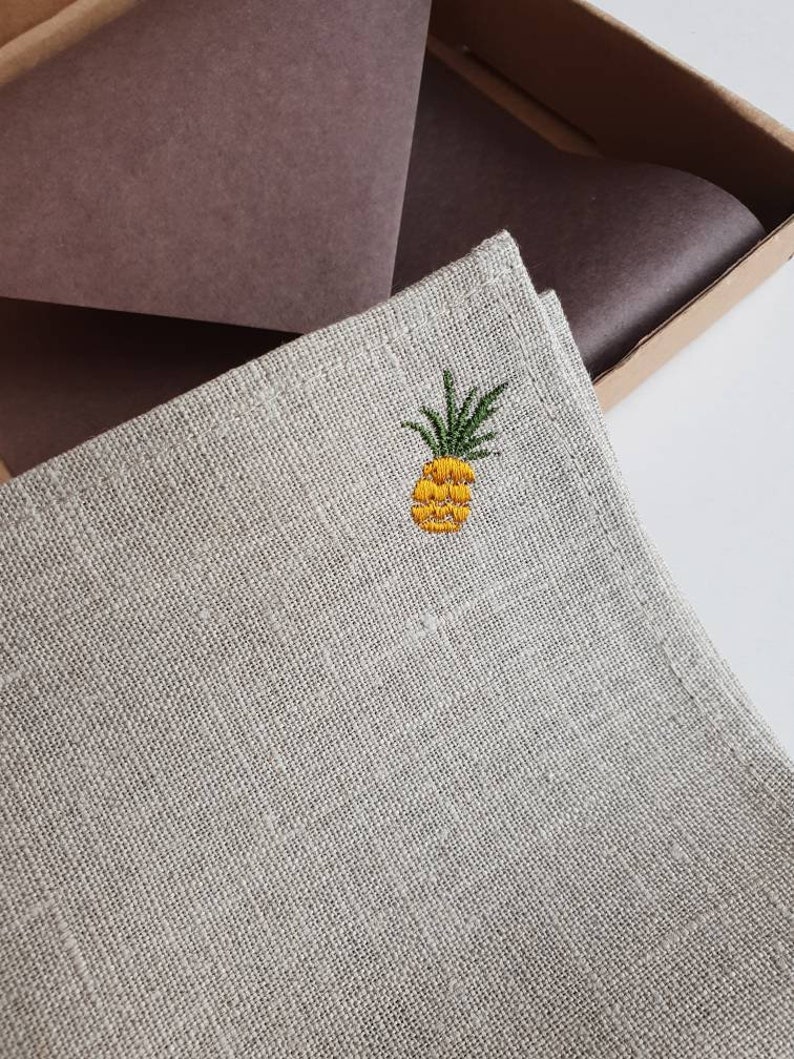 Embroidered wedding napkins, pineapple decor on linen napkins, natural linen napkins set, wedding or party napkins image 4