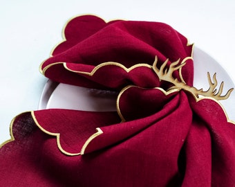 Burgundy linen cloth scallop napkins with gold trim for Christmas table decor 18''x18'' size set of 4, 6 or 8