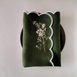Dark moss green or chocolate brown linen cloth scallop napkins set  Wedding napkins for table decor 18&#39;&#39;x18&#39;&#39; size set of 6