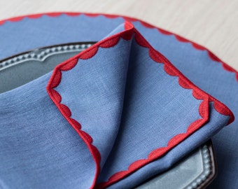 Blue linen cloth scallop napkins with red trim or white Set  for table decor set of 2, 4 or 6