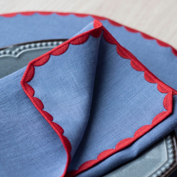 Blue linen cloth scallop napkins with red trim or white Set  for table decor set of 2, 4 or 6