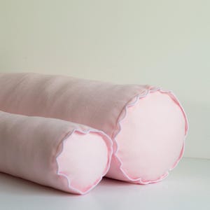Baby Pink Linen Bolster Pillow Cover with White or Dark Pink Scalloped Edges & Hidden Zipper - Available in Multiple Sizes