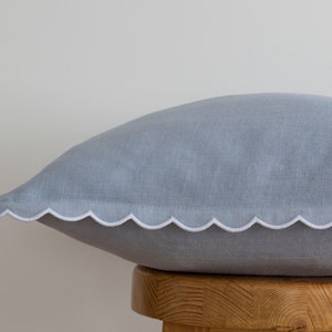 Pale blue Linen Scalloped Edge Pillow Cover with White Detailing - 16x16&#39;&#39; size