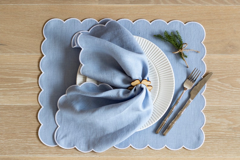 Baby Blue Linen Table Mats With Scallop Edges in White for Etsy