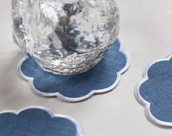 Round scalloped blue linen coasters Cocktail napkins Set of 4, 6 or 8 Round coasters with trim