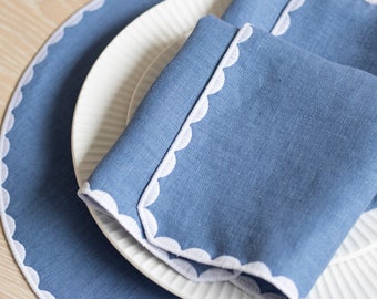 Blue linen cloth scallop napkins set  for table decor set of 2, 4 or 6