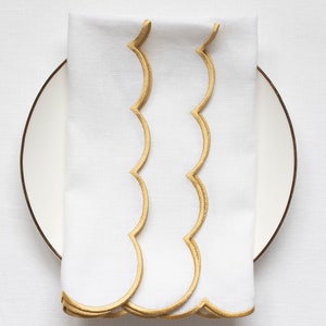 READY TO SHIP Snow White Linen Napkins 18x18 Inch Size Scalloped Edges in Gold Mother's Day Table Decor Elegant Dining Accessories image 4