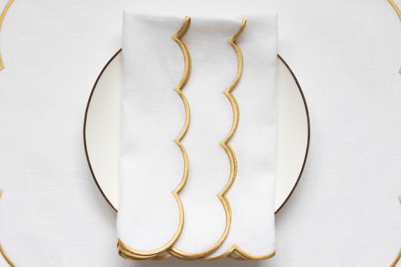 READY TO SHIP Snow White Linen Napkins 18x18 Inch Size Scalloped Edges in Gold Mother's Day Table Decor Elegant Dining Accessories image 4