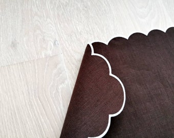 READY TO SHIP Chocolate brown linen table mats with scallop edges in white for table decor 13''x18'' size