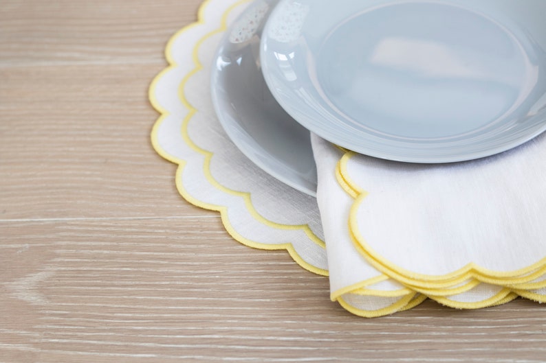 White Linen Round Table Mats With Scallop Edges in Light Blue Etsy