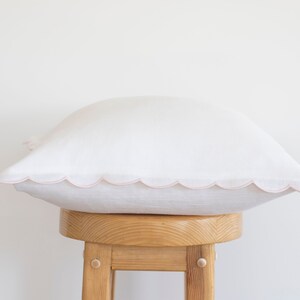 White Linen Scalloped Edge Pillow Cover with Pale Pink Detailing - 16x16&#39;&#39; size
