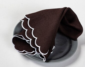 Chocolate brown linen cloth scallop napkins set  Wedding napkins for table decor 18''x18'' size set of 6