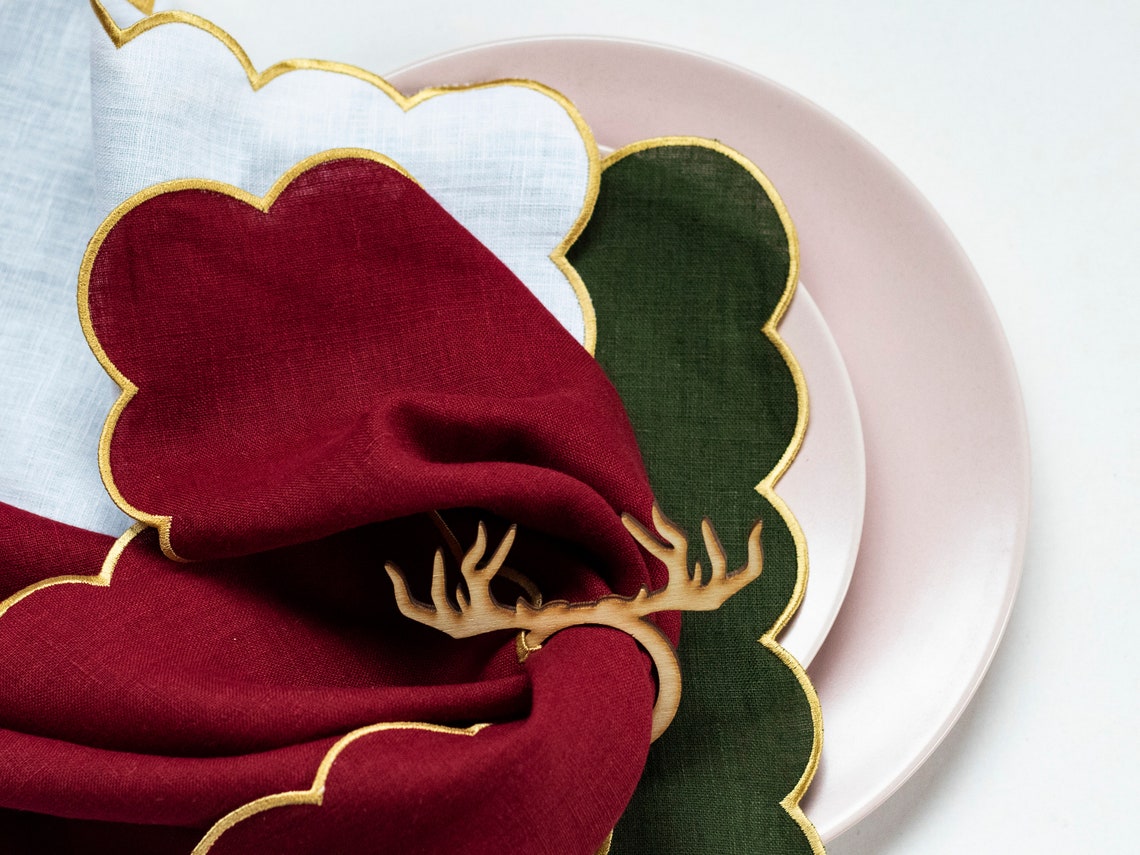 Burgundy Linen Cloth Scallop Napkins With Gold Trim for Etsy