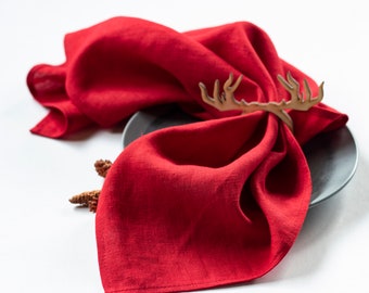 Christmas table decor  Red stonewashed linen cloth napkins bulk with Deer napkins rings