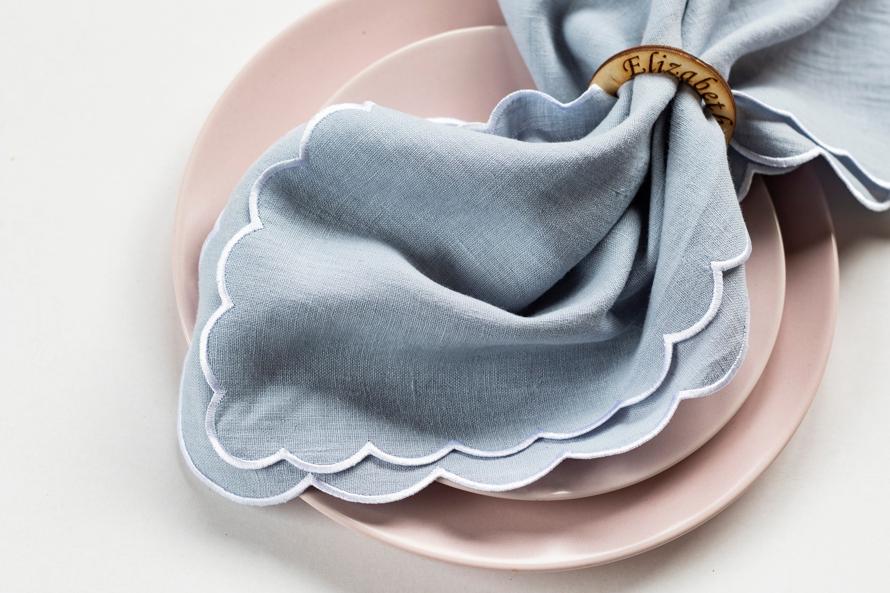 Pale Blue Linen Cloth Scallop Napkins With White Trim for Etsy
