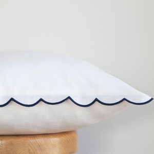 White Linen Scalloped Edge Pillow Cover with Dark Blue Detailing 16x16'' size image 2