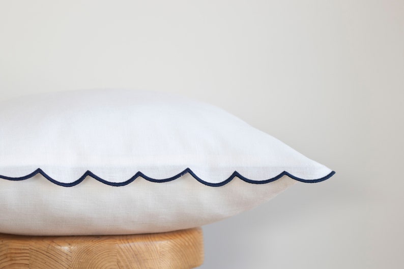 White Linen Scalloped Edge Pillow Cover with Dark Blue Detailing 16x16'' size image 2