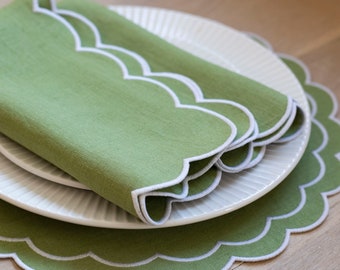 Spring Green Linen Napkins | Scalloped Edges | White Trim | 18x18'' | Set of 2 | Eco-Friendly Dining Accessories