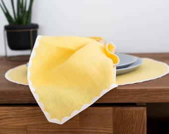 Pastel yellow linen cloth scallop napkins set  for table decor set of 2, 4 or 6