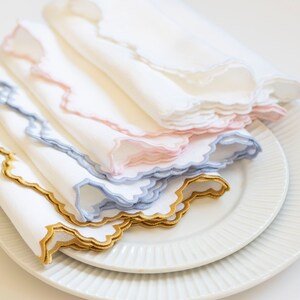 White linen cloth scallop napkins with pink/blue/white/gold trim for table decor 18&#39;&#39;x18&#39;&#39; size set of 4, 6 or 8