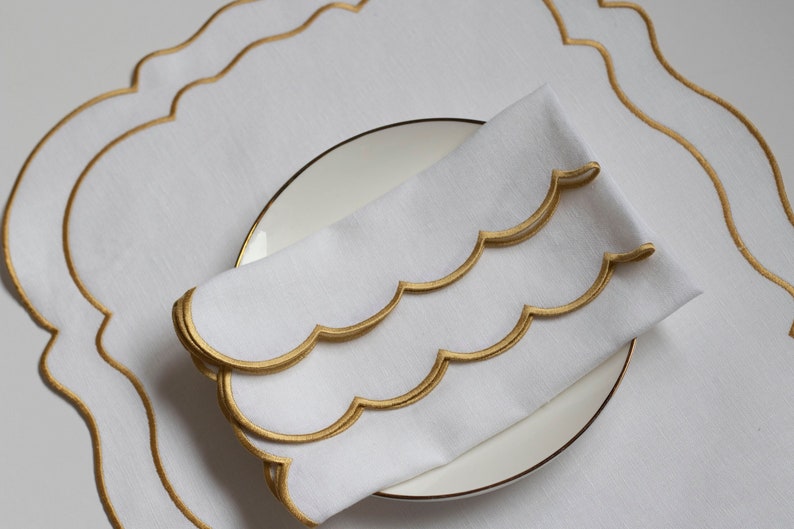 READY TO SHIP Snow White Linen Napkins 18x18 Inch Size Scalloped Edges in Gold Mother's Day Table Decor Elegant Dining Accessories image 3