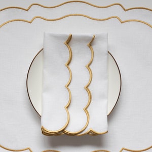 READY TO SHIP Snow White Linen Napkins 18x18 Inch Size Scalloped Edges in Gold Mother's Day Table Decor Elegant Dining Accessories image 6