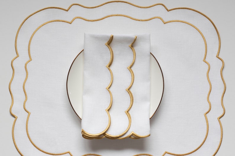 READY TO SHIP Snow White Linen Napkins 18x18 Inch Size Scalloped Edges in Gold Mother's Day Table Decor Elegant Dining Accessories image 6