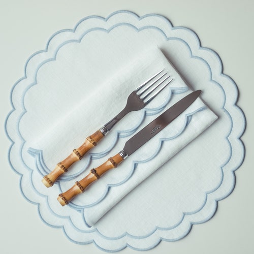 White Linen Round Table Mats With Scallop Edges in Blue for Etsy