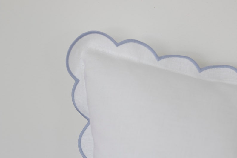 White Linen Scalloped Edge Pillow Cover with Pale Blue Detailing - 16x16'' size